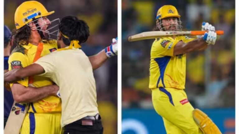 After hitting two one-handed sixes and helicoptering, MS Dhoni embraces a fan who stepped over security to touch his feet.