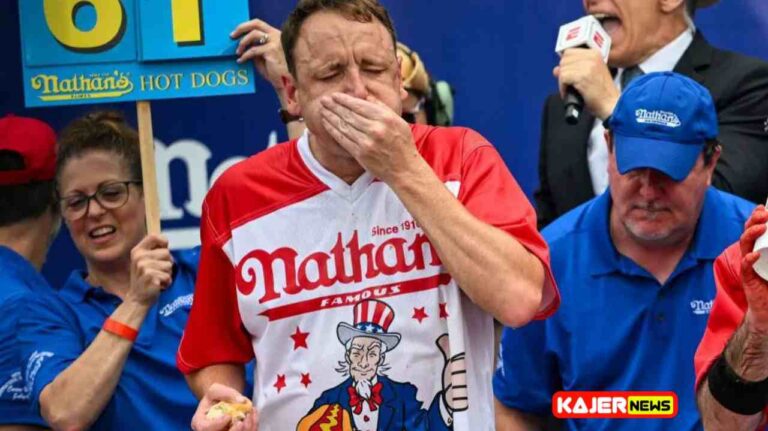 Getty Photographs Joey is shown shoving hot dogs into his face at the Nathan's competition in 2023.Getty Photographs